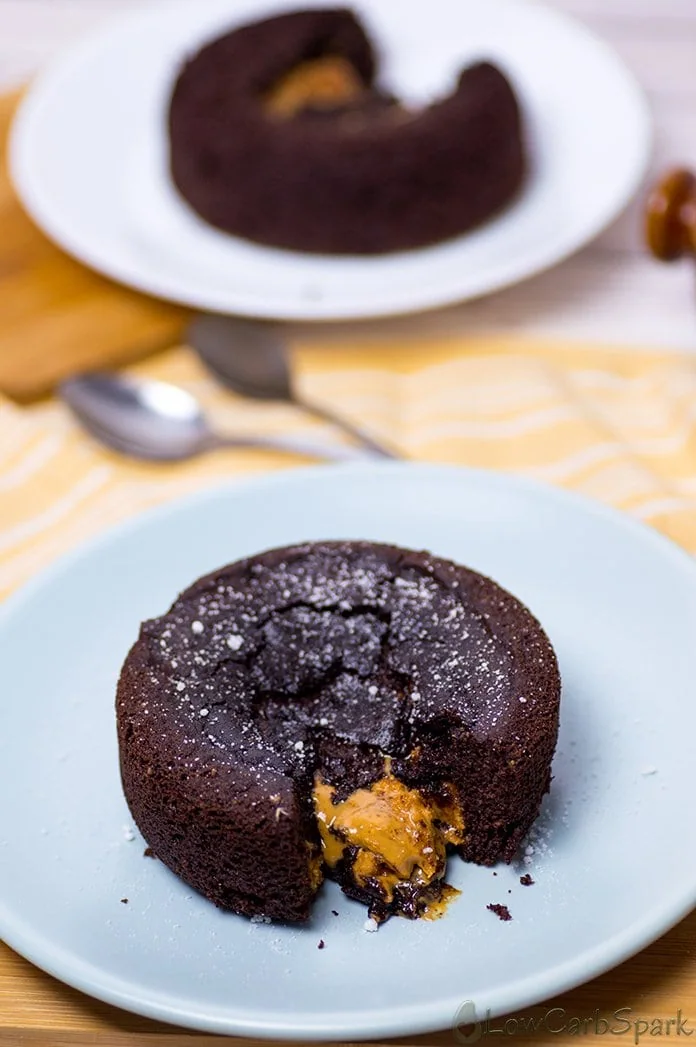 This keto peanut butter lava cake it's incredibly moist, easy to make, fudgy with a creamy peanut butter lava in the middle. It's made with coconut flour, so it's perfect for those with an almond allergy. It's also paleo and dairy-free.