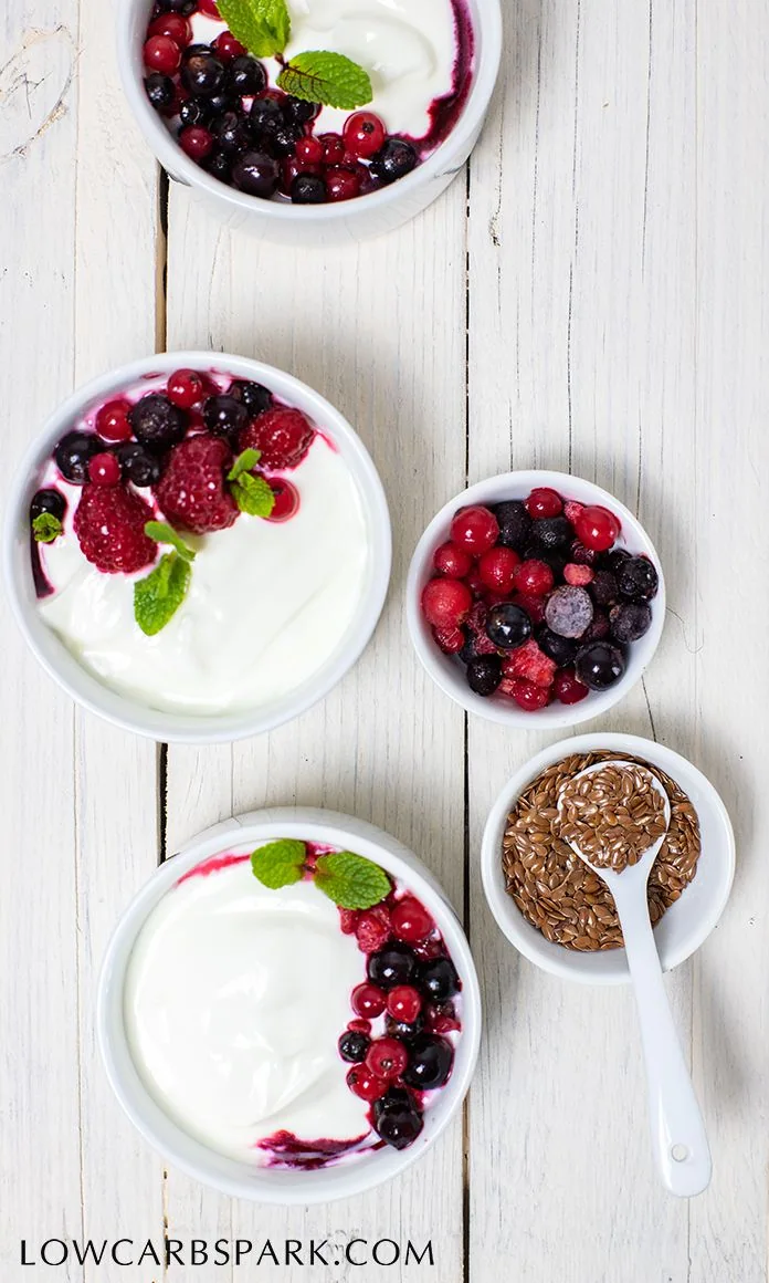 Enjoy a low carb yogurt is extremely easy to make and very low in carbs! This recipe has only 2 ingredients, and it's ready in 30 seconds | www.lowcarbspark.com via @lowcarb #lowcarbyogurt #yogurt