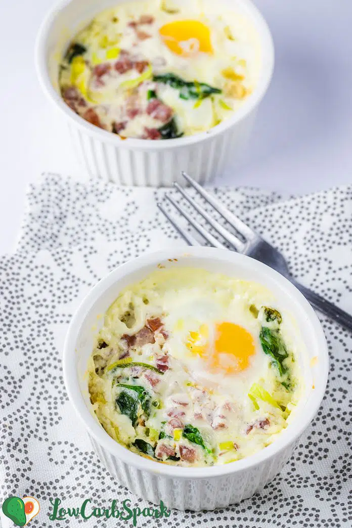 keto baked eggs with leeks and spinach