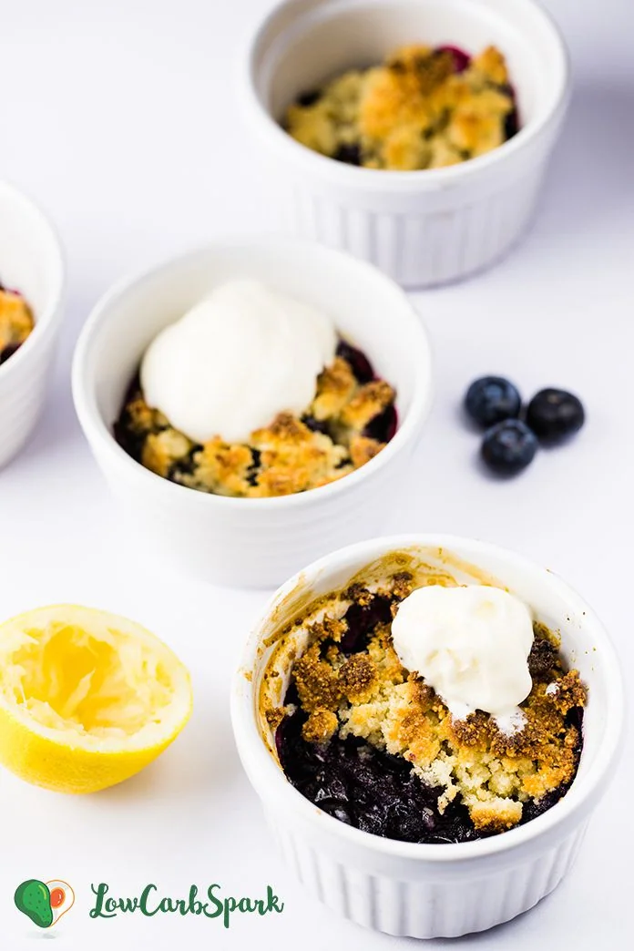 This Keto Blueberry Cobbler is a quick and easy dessert or breakfast that's very low carb and only 5g net carbs for. The blueberry filling is thick and bubbly with a golden buttery almond flour crust. 