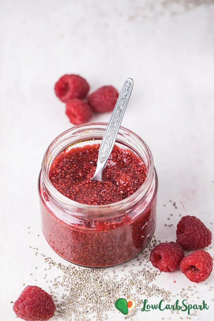 This 4 ingredients Raspberry Chia Seed Jam is ready in 10 minutes, and it's absolutely delicious. Try this super easy, healthy, sugar-free and low carb jam that's thickened with chia seeds.