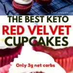 The Best Keto Red Velvet Cupcakes are fluffy, buttery, and moist. They are perfect topped with a luscious cream cheese frosting. A super festive keto recipe that's easy to make with almond flour and coconut flour. #redvelvet #ketodesserts