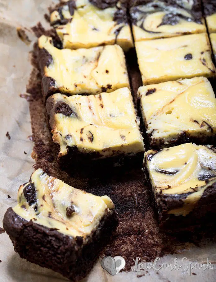 Super easy to make keto cheesecake brownies with a thick layer of cream cheese and moist brownies.