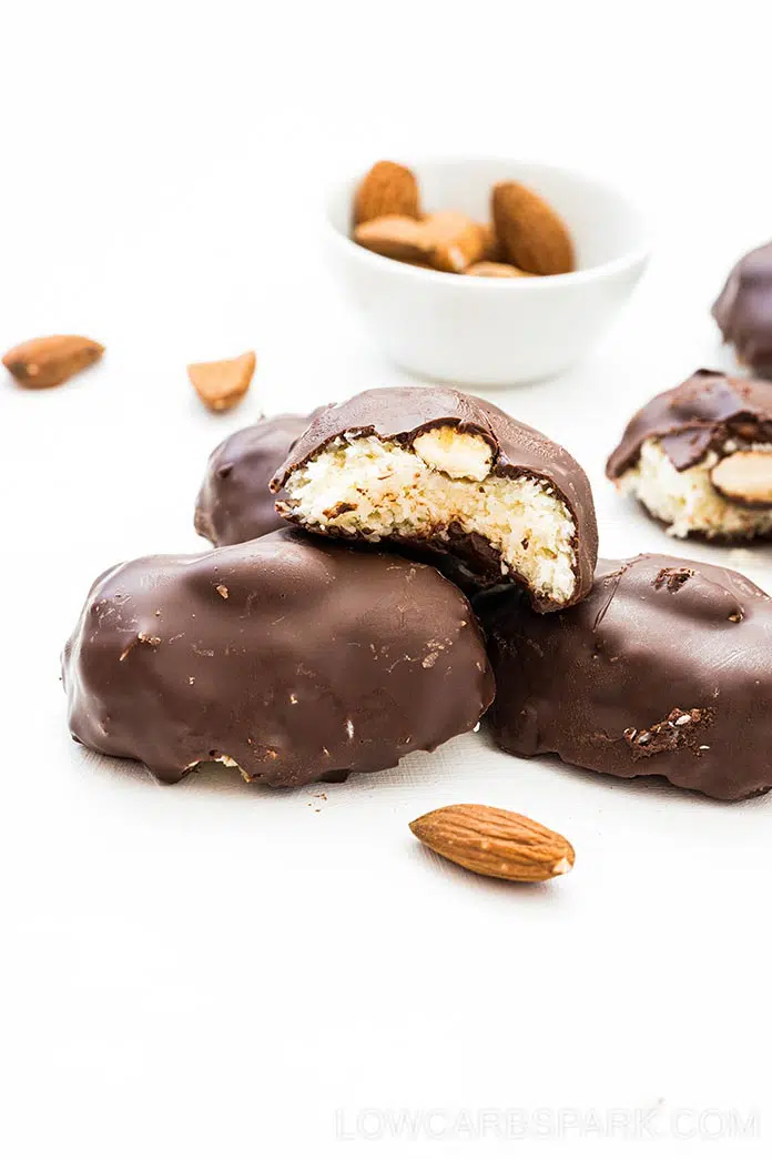 These Homemade Chocolate Coconut Almond Joy Candy Bars are a quick and easy no-bake dessert with only 7ingredients and 3g net carbs! This is the best keto treat I’ve ever tried, and the recipe is incredibly easy. A tasty, low carb, homemade version of Almond Joy candy bars!