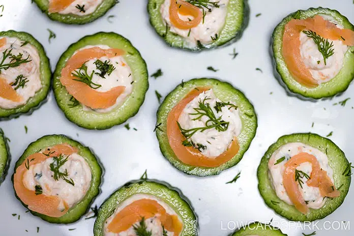  Seriously the easiest appetizer you can make. Fresh and Crispy cucumber slices topped with a creamy dill lemony cream cheese mixture and delicious pieces of smoked salmon.