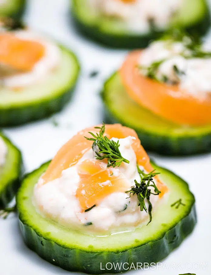 These cucumber smoked salmon appetizers are not only elegant but delicious and quick to make. Extremely easy to assemble, this appetizer will surely impress your friends at the next dinner or party.  Recipe via lowcarbspark.com
