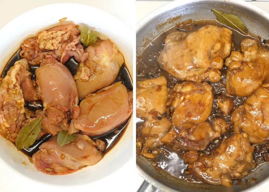 marinate the chicken adobo and cook in a pan