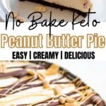 Peanut butter fans will go crazy for this keto peanut butter pie. Sugar-free oreo like crust, creamy peanut butter filling topped with dark chocolate, and peanut butter drizzle. Try eating just one slice of this decadent and delicious No-Bake Keto Low Carb Peanut Butter Pie!
