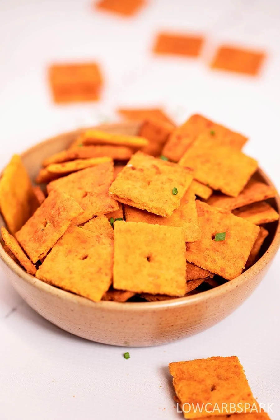 keto low carb cheddar crackers served in a bowl