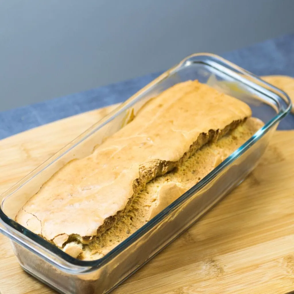 baked keto bread in a glass loaf pan