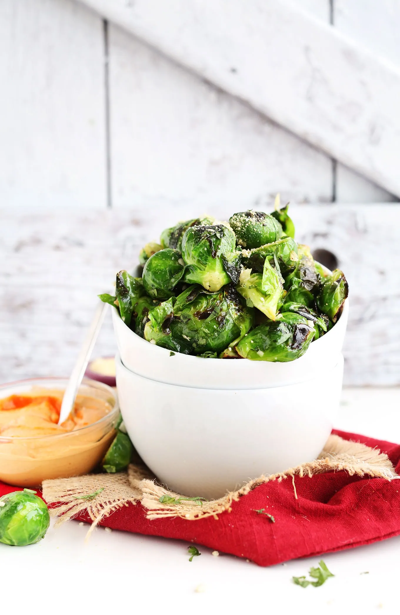 Crispy Roasted Brussels Sprouts with spicy Sriracha Aioli The perfect healthier appetizer or side dish vegan glutenfree healthy appetizer