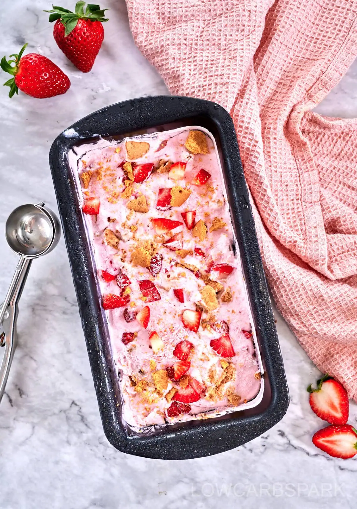 cottage cheese strawberry ice cream in a loaf pan